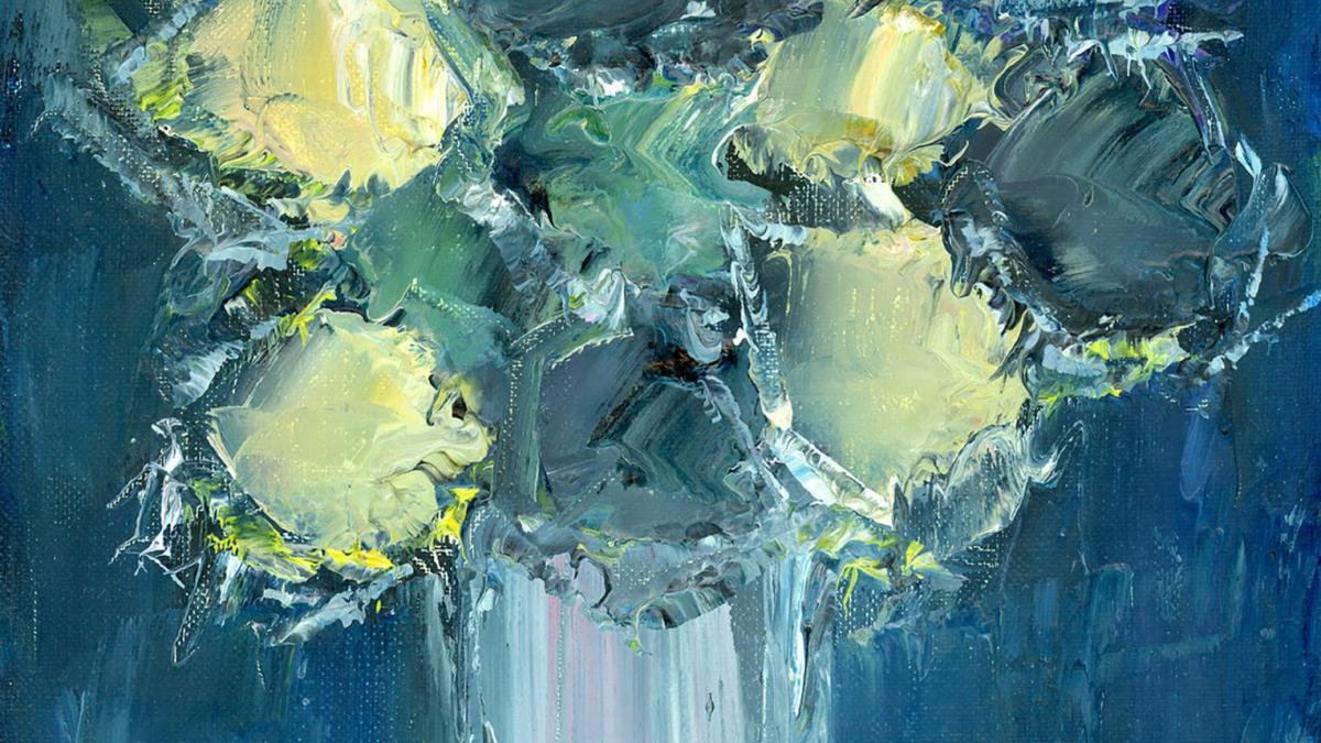 Bouquet de tournesols (abstrait) au fond bleu (1994) 3F